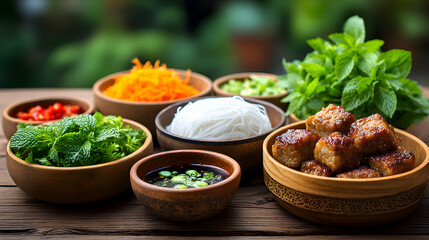 Artistic image of bun cha ingredients spread on a rustic wooden table grilled pork, herbs, noodles, and dipping sauce blurred outdoor setting