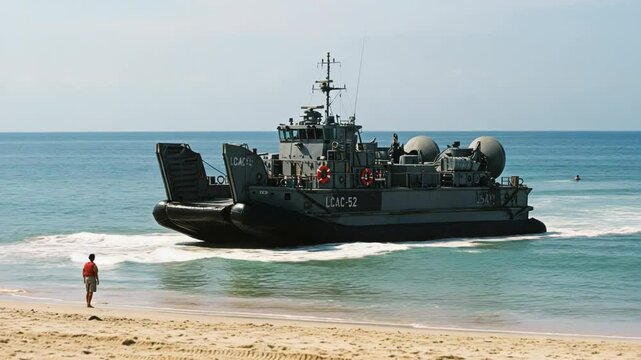 A landing craft air cushion approaches the beach with a person standing on the sand