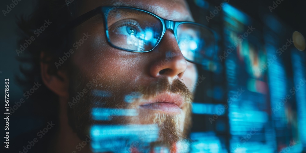 Poster Close-Up of Focused Man in Glasses Analyzing Digital Data with Graphs and Charts on Screen, Concept of Technology and Analytics in Modern Work Environment