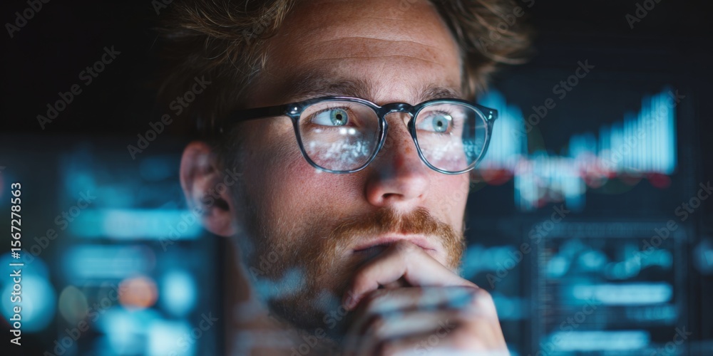 Poster Thoughtful young analyst in glasses looking at data charts on display with focus and determination in modern office setting, deep in contemplation