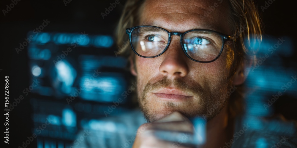 Poster Thoughtful male professional gazes into the distance with focus, surrounded by digital screens displaying data and technology concepts in a modern workspace
