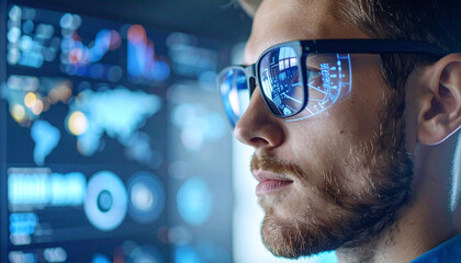 Visionary Technology: A close-up shot of a tech-savvy individual sporting futuristic glasses reflects intricate data projections, a symbol of innovation and the digital future.