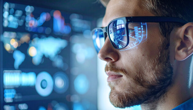 Visionary Technology: A close-up shot of a tech-savvy individual sporting futuristic glasses reflects intricate data projections, a symbol of innovation and the digital future. - Powered by Adobe