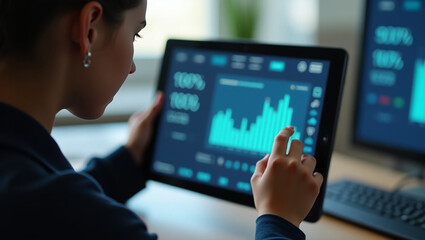 Fototapeta premium Financial Analyst Reviewing Data: A focused female financial analyst intently studies financial data displayed on a tablet, demonstrating meticulous attention to detail and strategic analysis.