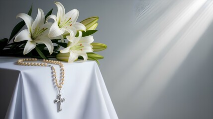 Elegant still life with lilies rosary and light Assumption of Mary theme