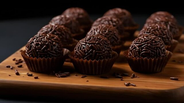 Brigadeiros neatly arranged on a wooden board, topped with chocolate sprinkles, concept of party dessert, traditional Brazilian sweet, festive and inviting presentation, warm lighting, close-up 