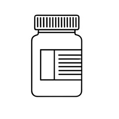 Simple black line drawing of a medicine bottle with a label.