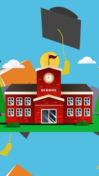 Graduation hat and book icons falling over school building icon against blue background