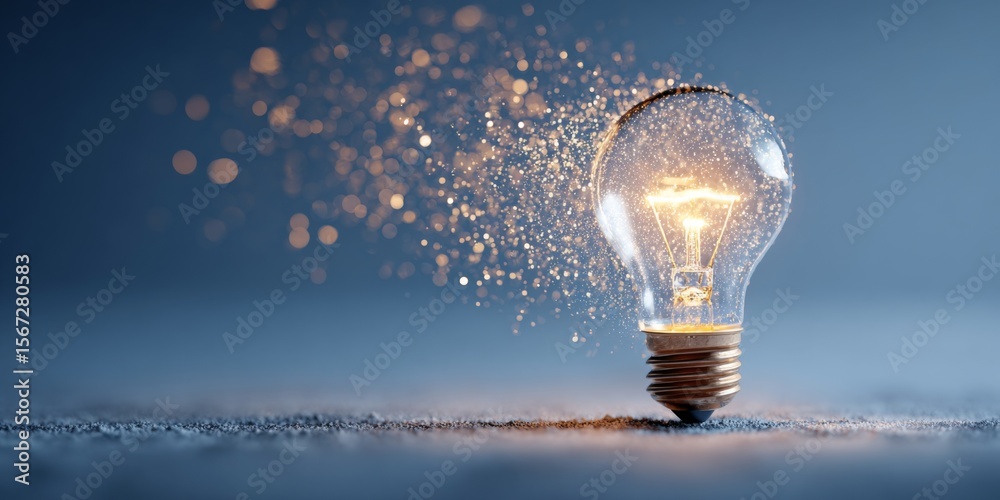 Poster sparkling light bulb surrounded by glowing particles and specks of dust in artistic display of innov