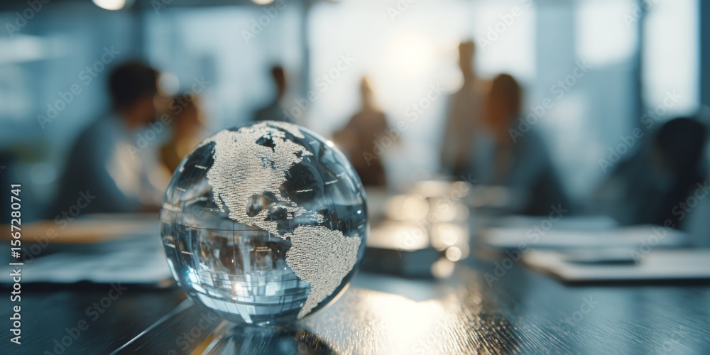 Aufkleber clear glass globe with continents on a desk in a modern office setting, with blurred business profes