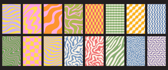 Summer party poster set, geometric memphis style. Hello summer  banner, cards, flayer with hand lettering Deformed fluid uneven organic seamless lines vector funky groovy maze backgrounds