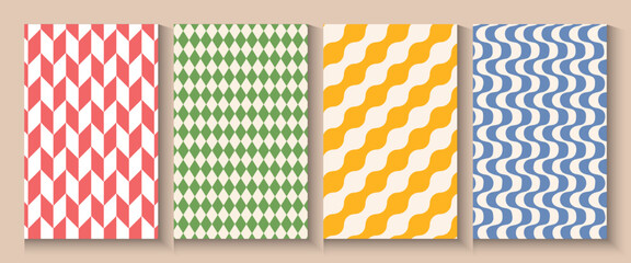Summer party poster set, geometric memphis style. Hello summer  banner, cards, flayer with hand lettering Deformed fluid uneven organic seamless lines vector funky groovy maze backgrounds