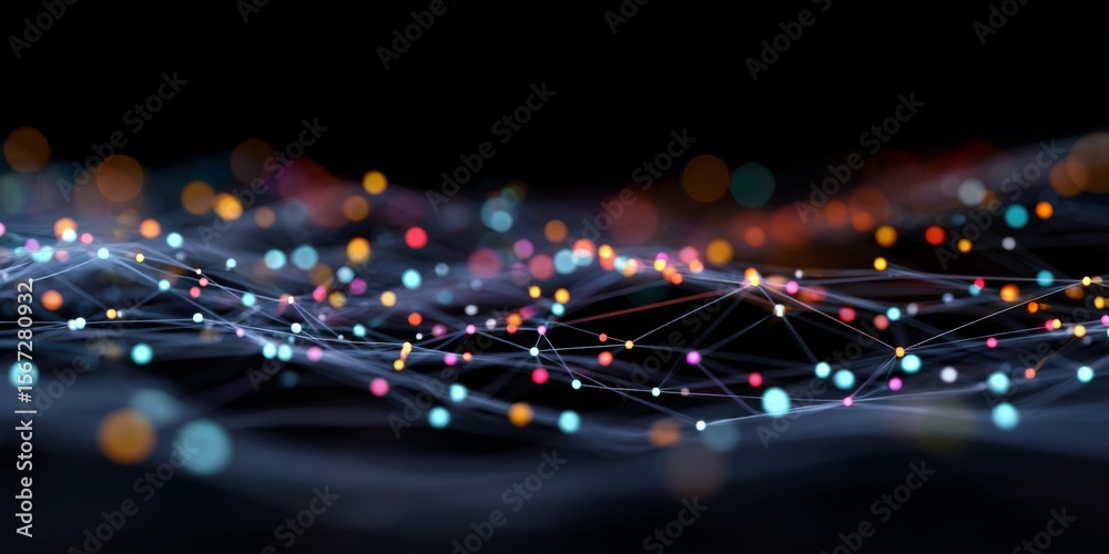 Poster Abstract digital wave with colorful dots and connections on dark background representing data visualization, technology, and innovation concepts