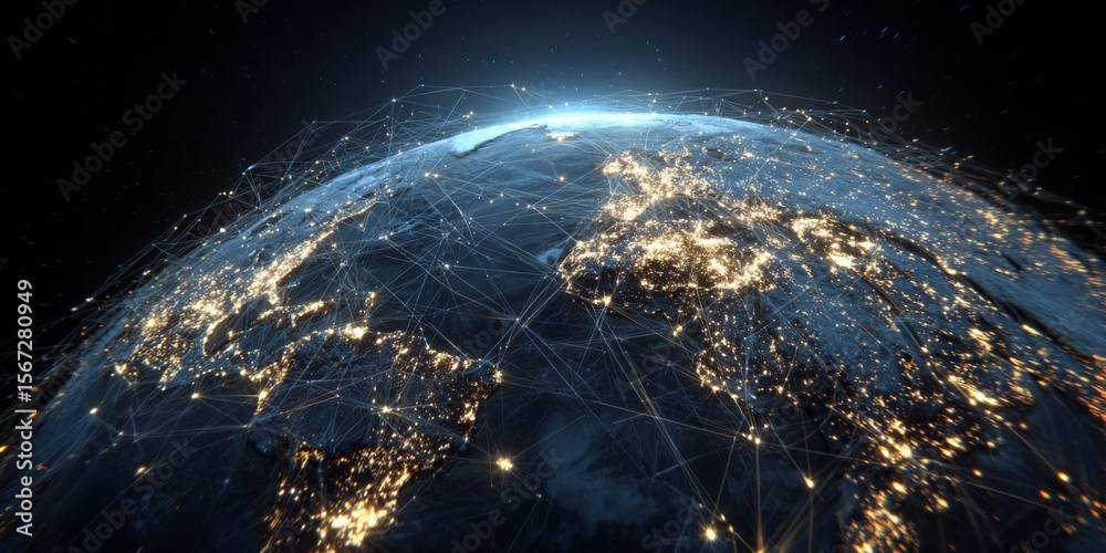Poster A Stunning View of Earth at Night Illuminated by City Lights and Connected by Digital Network with Glowing Data Lines and Stars in the Background