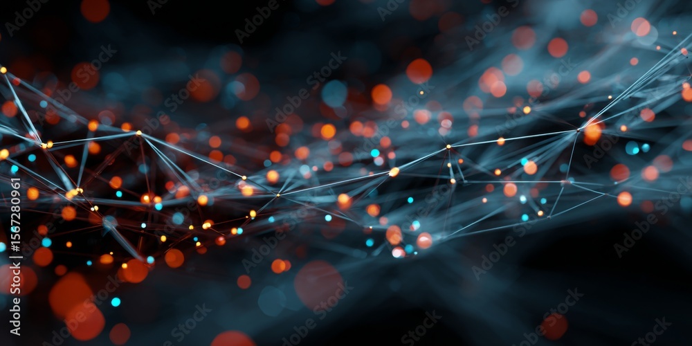 Poster Abstract visualization of interconnected particles and lines in a digital environment with vibrant colors and light effects creating a sense of movement and depth