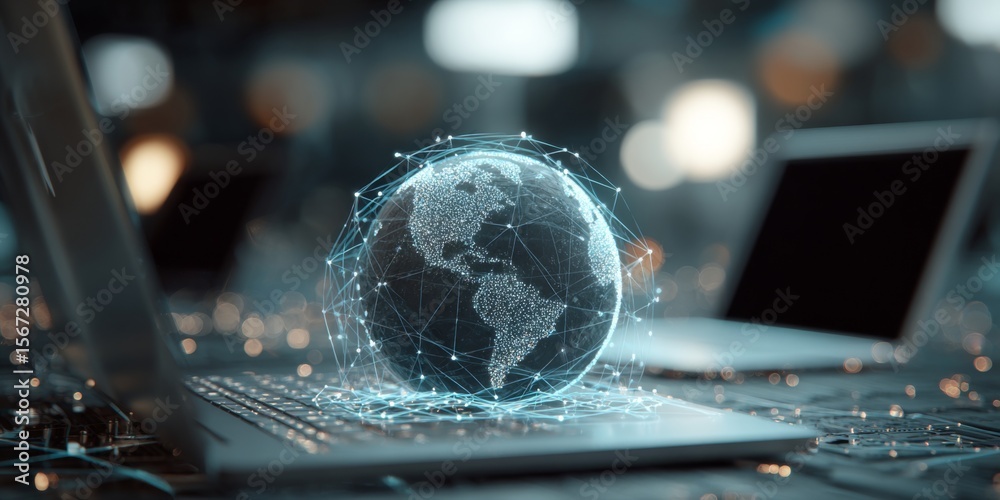 Poster Digital globe with connected network lines on laptop keyboard representing global connectivity and technology in a modern workspace environment