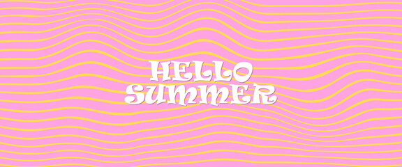Summer party poster set, geometric memphis style. Hello summer  banner, cards, flayer with hand lettering Deformed fluid uneven organic seamless lines vector funky groovy maze backgrounds