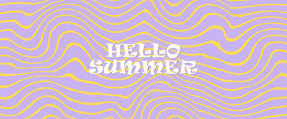 Summer party poster set, geometric memphis style. Hello summer  banner, cards, flayer with hand lettering Deformed fluid uneven organic seamless lines vector funky groovy maze backgrounds