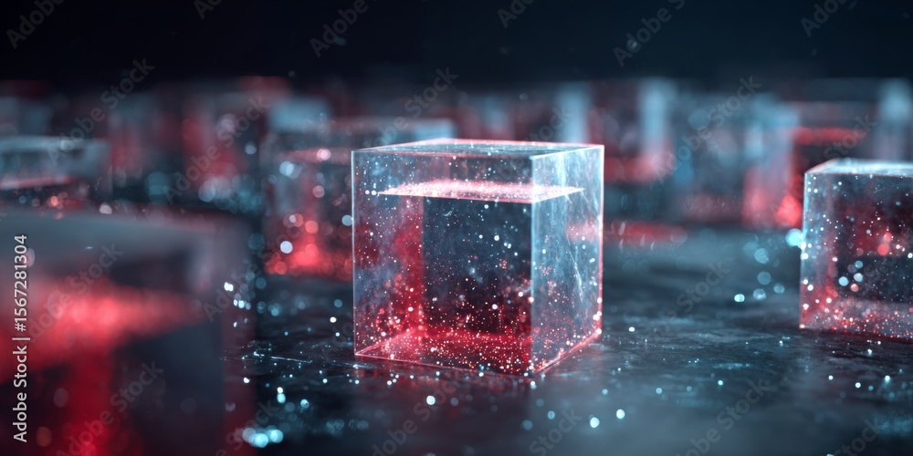 Poster Abstract digital scene featuring transparent cubes filled with liquid and illuminated by glowing red particles creating a vibrant and futuristic ambiance