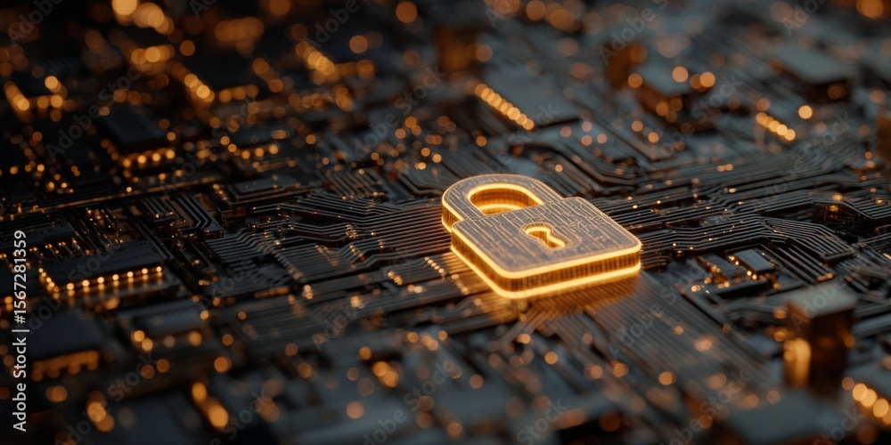 Poster Secure Digital Lock on Circuit Board Representing Cybersecurity Technology and Data Protection Innovations in Modern Computing Systems