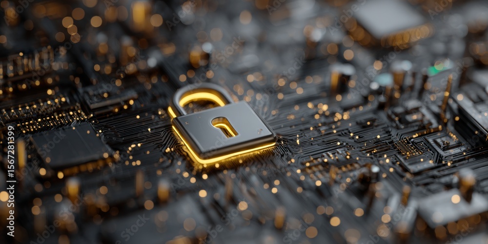 Poster Secure Digital Environment with Lock Symbol on Circuit Board, Showcasing Cybersecurity and Technology in Modern Data Protection Landscape