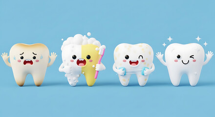 Cute Cartoon Teeth Character Progression From Unhealthy To Healthy And Sparkling Clean