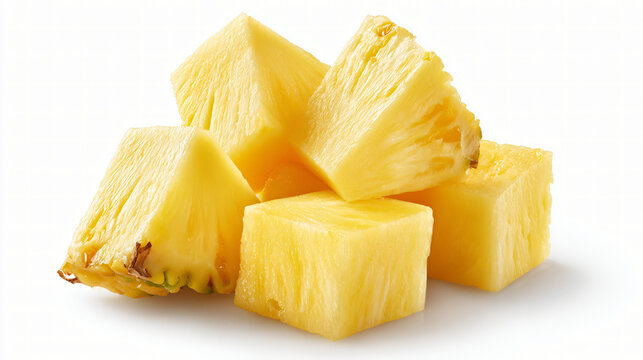 Group of pineapple chunks isolated on white background