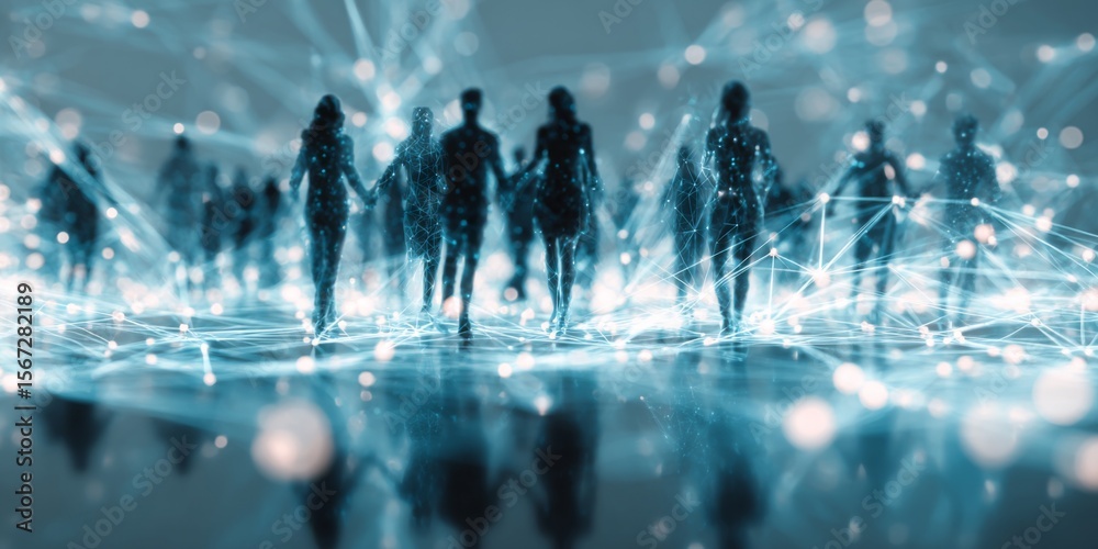 Poster abstract representation of human figures walking together in a digital network, symbolizing unity, c