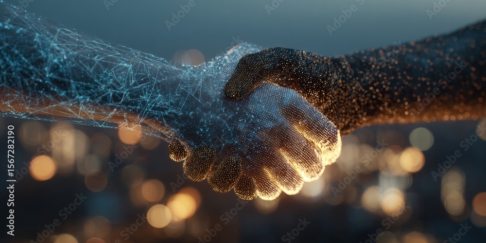 Poster futuristic handshake between two diverse hands representing unity, collaboration, technology, and in