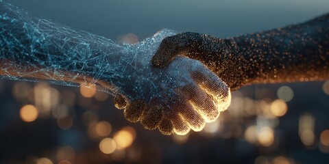 Futuristic Handshake Between Two Diverse Hands Representing Unity, Collaboration, Technology, and Innovation Against a Backdrop of City Lights