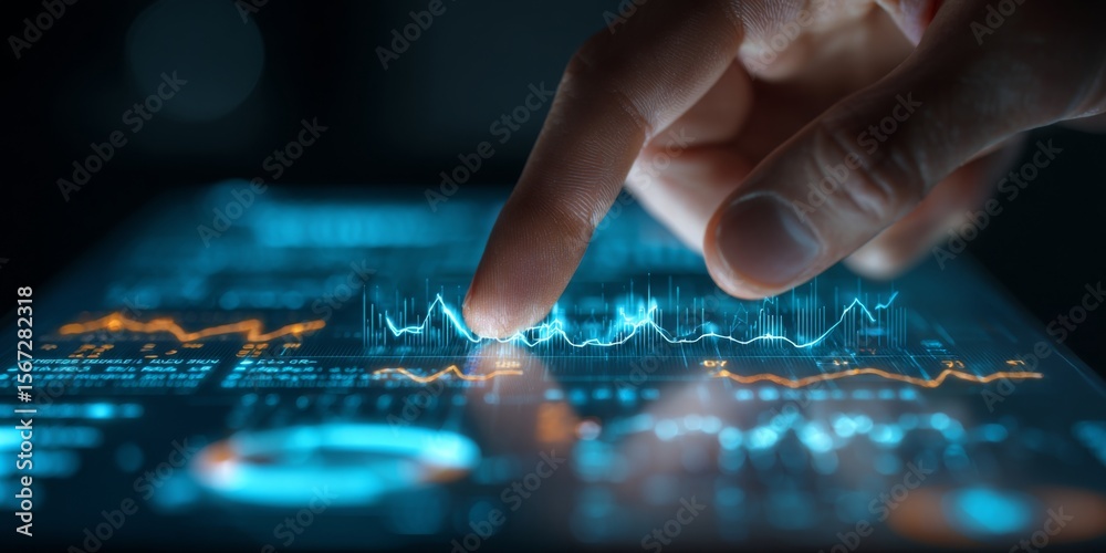 Poster Close-up of a Hand Interacting with a Digital Dashboard Displaying Financial Data, Graphs, and Analytics in a Technologically Advanced Environment