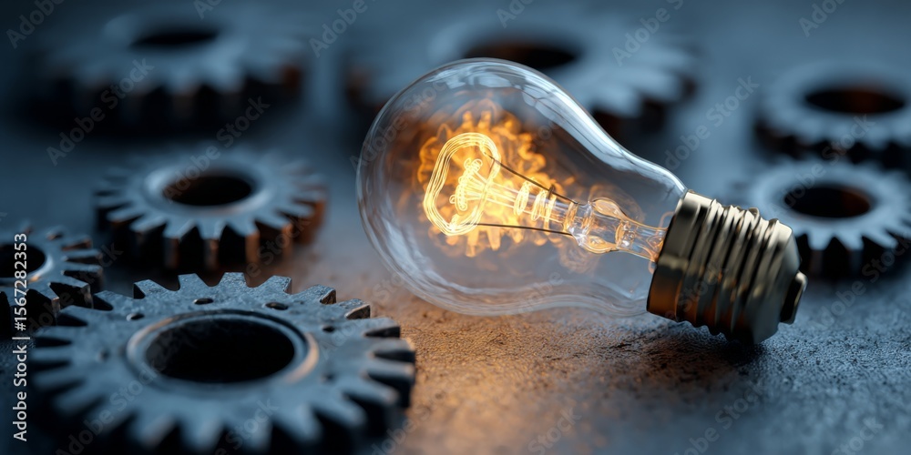 Aufkleber Light Bulb with Gear Elements Symbolizing Innovation and Creativity in Technology and Engineering on a Rustic Background
