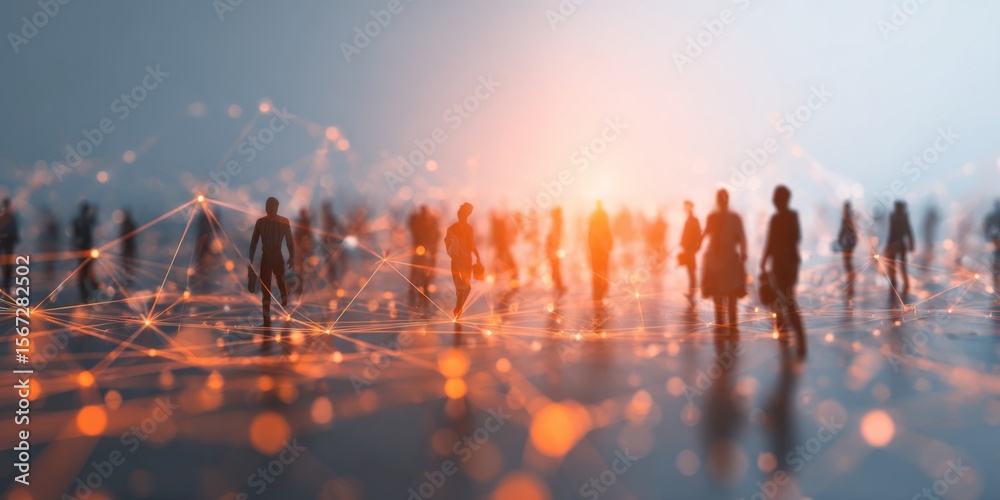 Poster Abstract representation of crowd with glowing network connections symbolizing digital interaction and community in a futuristic urban environment