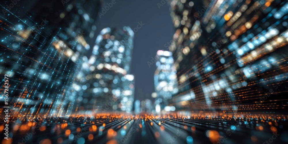 Poster futuristic cityscape at night with blurred lights and digital elements creating a high-tech, vibrant