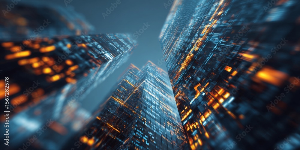 Poster Futuristic Skyscrapers with Glowing Lights in a Modern Urban Setting Captured from a Low Angle at Dusk
