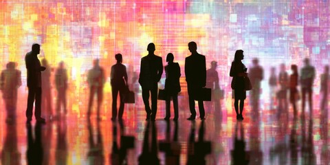 Diverse silhouettes of business professionals standing together against a vibrant abstract background with colorful lights and reflections in a modern setting
