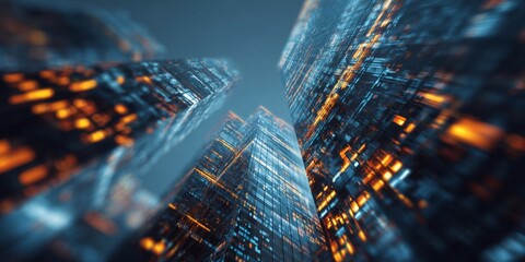 Obraz premium Futuristic Skyscrapers with Glowing Lights in a Modern Urban Setting Captured from a Low Angle at Dusk