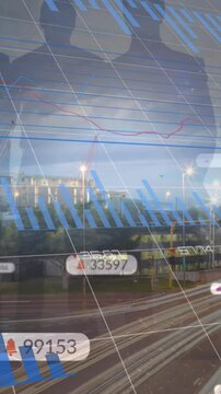 Animation of social media notifications, multiple graphs, silhouette people, light trails on street