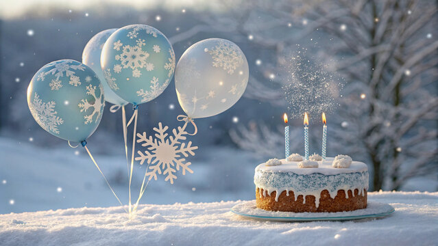 Snowy winter birthday card with frosty balloons, a snowflake-decorated cake, and candles warming the cold, icy scene.
 - Powered by Adobe