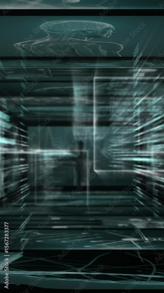 Aufkleber animation of digital computer language in infographic interface display screens moving in loop