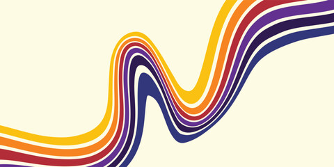 Abstract colorful 70s background vector. Vintage retro wallpaper with rainbow stripes and wavy lines. A 1970 color illustration suitable for posters, banners, decorative items and wall art.