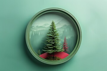 3d illustration of christmas tree in the round frame on green background, Ai Generated