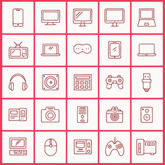 Outlined electronics pattern features common gadgets like a phone, laptop, headphone, and controller