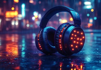 Cyberpunk City Rain Illuminated Headphones