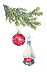 Watercolor hand-drawn red shiny decoration ball and home and Christmas tree branch isolated on white background. Toy for New Year party celebration. Clipart for sticker or wallpaper and wrapping
