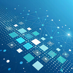 Digital Network Grid with Squares and Nodes on Blue Gradient Background, Representing Data Connectivity and Technological Infrastructure isolated  background