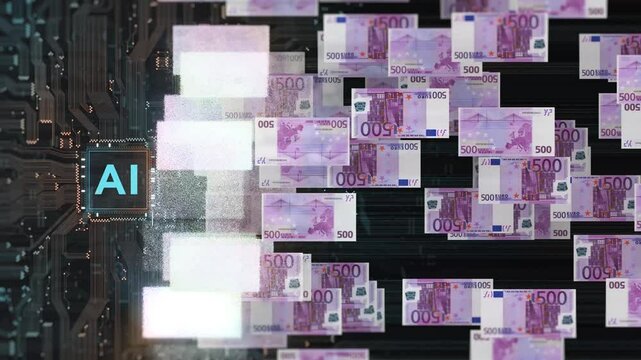 AI Wealth Generation Background: 8s Intro + 15s Loop Euro Cash Flow AI Chip Circuit Board for Business Content