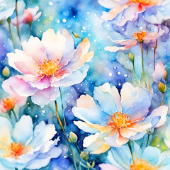 Celestial Bloom, delicate watercolor colorful cosmos flowers
