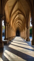 Gothic Cloister Arcade with Stone Columns Supporting Pointed Arches in a Historic Building with Sunlight and Shadow