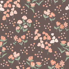 Fantasy Flowers in Shades of Peach Oranges with Sage Green Leaves on Coffee Brown creating a seamless pattern print